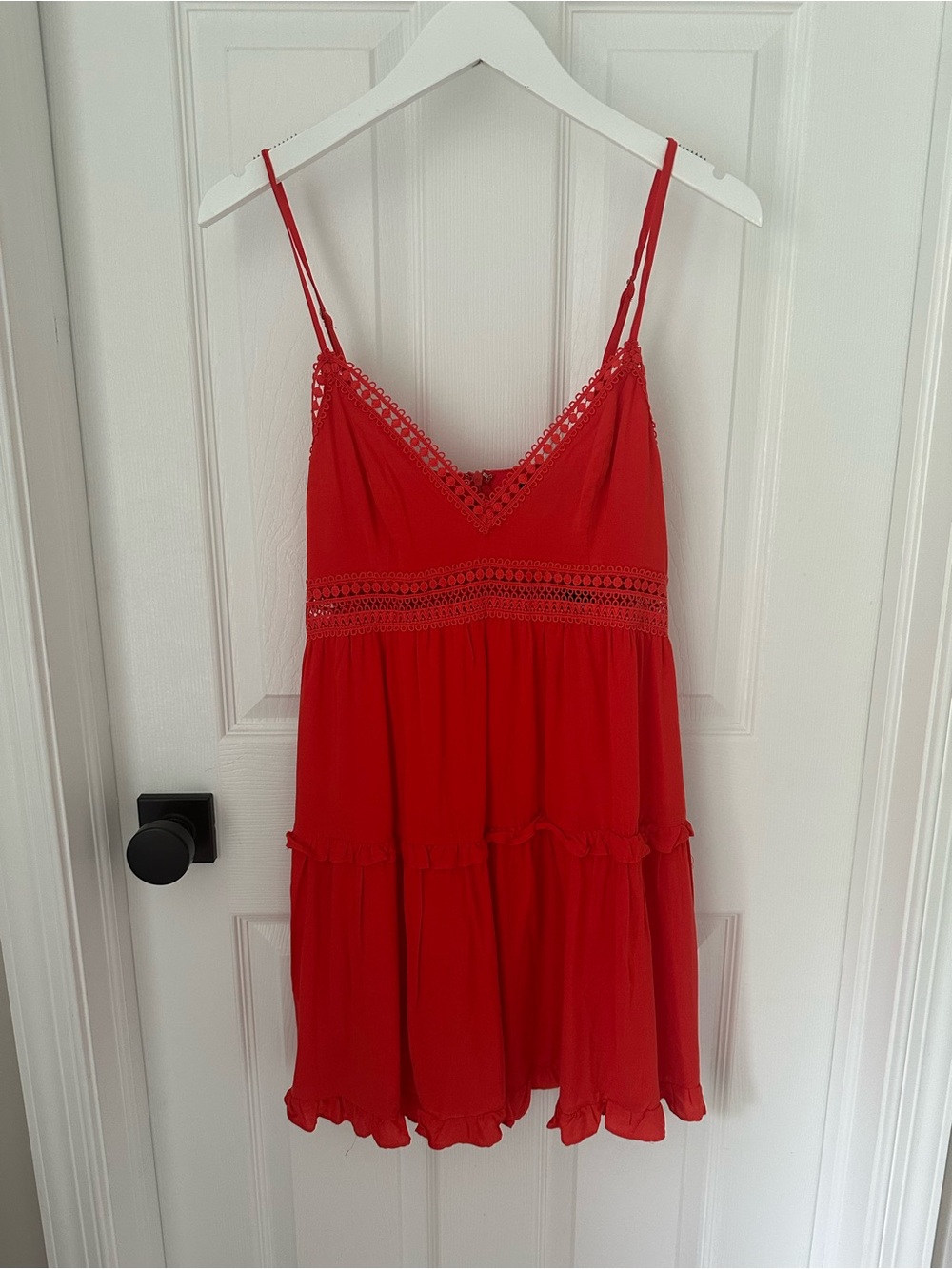Lulu's Red Crocheted Trim Spaghetti Strap Mini Dress